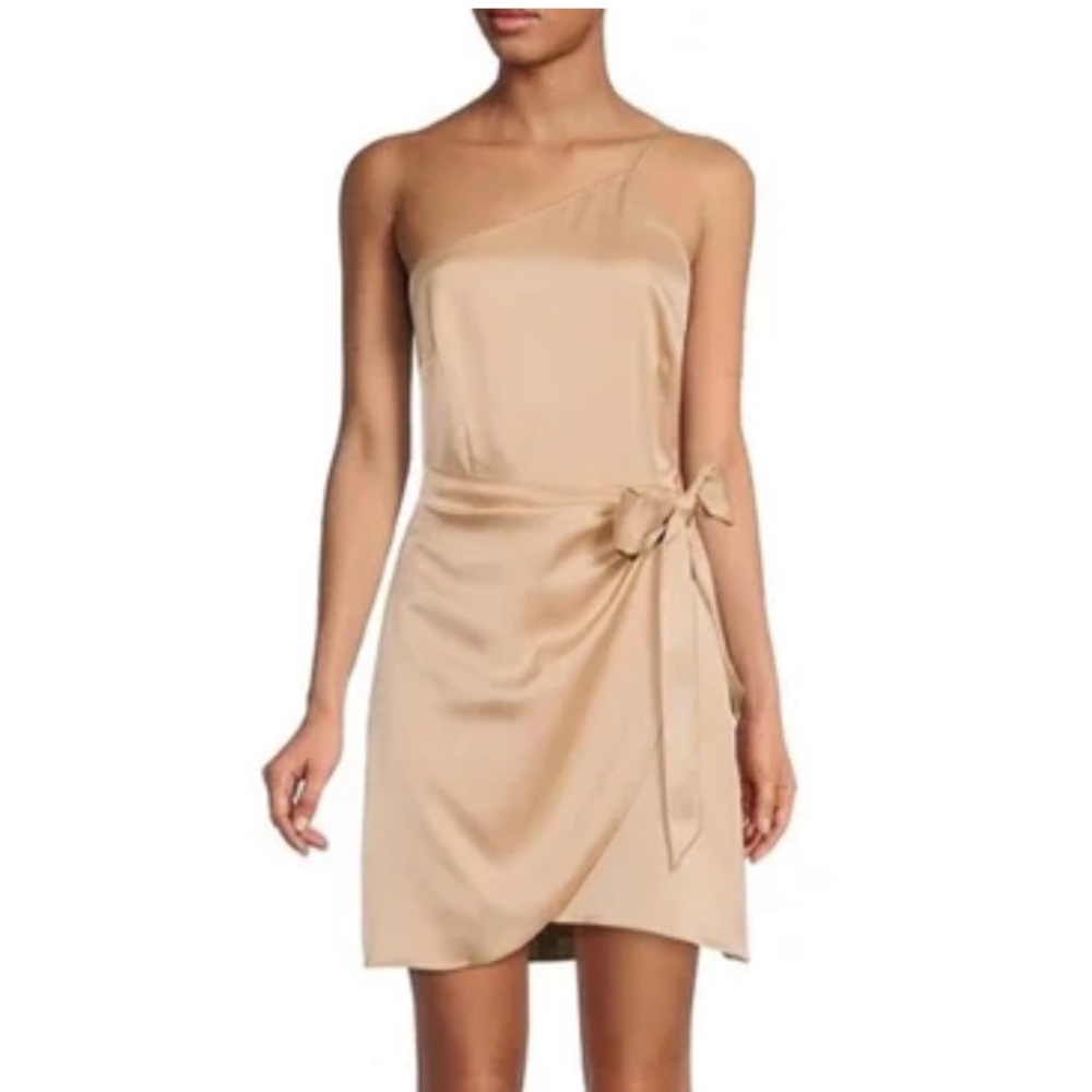 GIANNI BINI Tan Beige Satin One Shoulder Mini Dress Party Cocktail Size 4 New